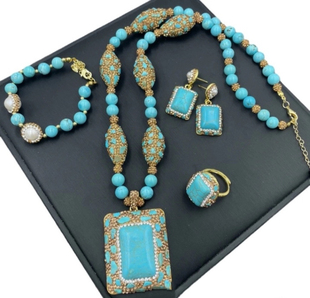 新款绿蓝色松石项链毛衣链开口戒指耳钉耳环手镯手链首饰套装