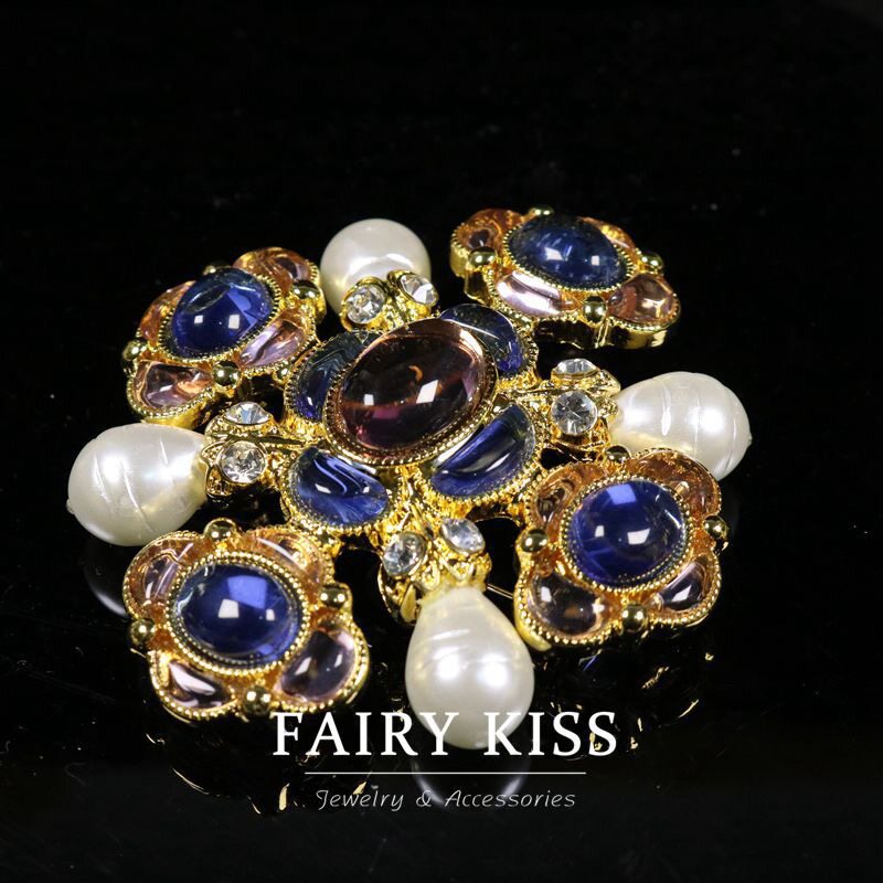 新款珍珠紫水晶镶嵌胸针女胸花别针配饰复古风饰品厂家货源