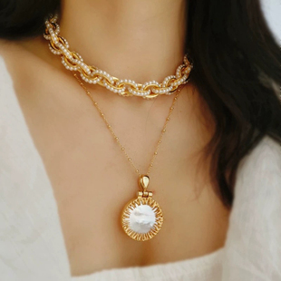 欧美轻奢小众施华白贝洛珍珠金属拼接项链高级感复古圆环锁骨链女