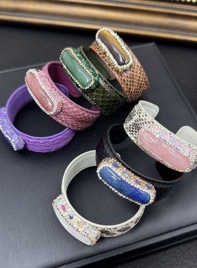 新款真皮天然原石镶嵌紫晶手镯欧美流行跨境天然石首饰可调节手环