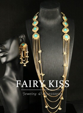 中古vintage耳饰项链套装镀真金长款流苏几何方形复古搭配松石