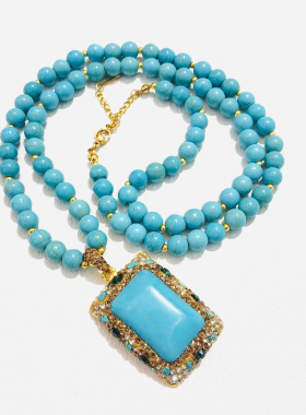 绿松石项链镶嵌绿色大闪钻复古又时尚方形吊坠高级感百搭