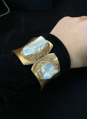 欧版宽边双头巴洛克淡水珍珠手镯手作镶嵌超闪超亮手环