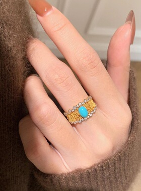 复古中古轻奢分金花朵镂空蓝绿松石戒指女高级感个性复古设计指环