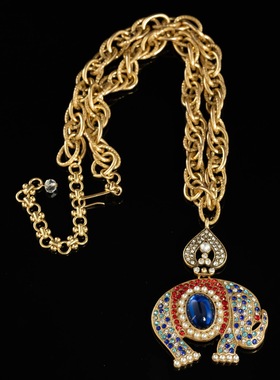 中古vintage高级时尚个性气质复古金做旧中古铜合金大象项链