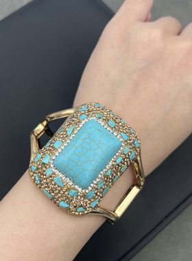 新款松石民族风镶嵌捷克钻手镯原创设计个性小众手环夸张手镯