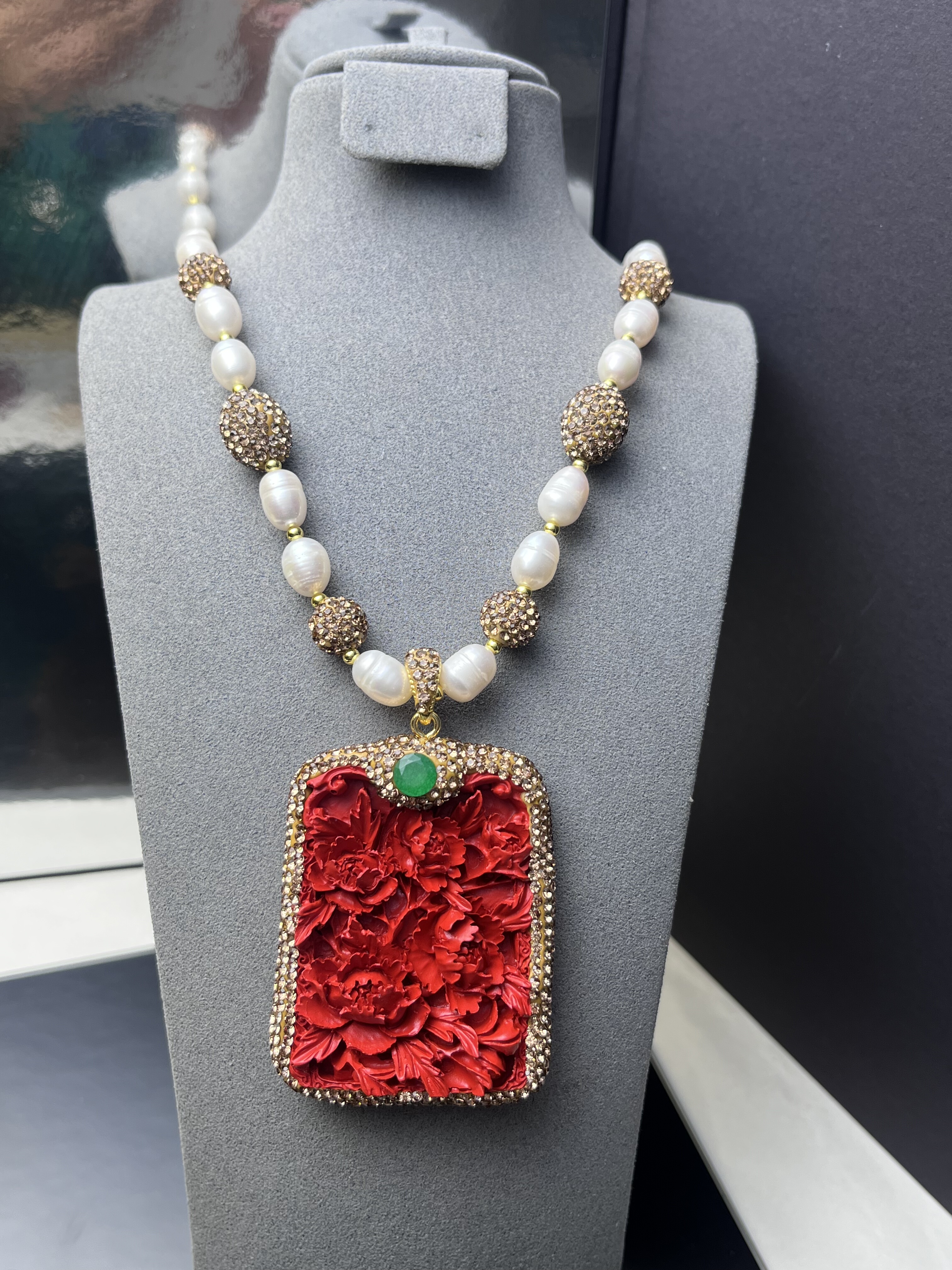 朱砂项链戒指耳环手镯红色牡丹国风首饰套装女友闺蜜礼物配礼盒