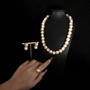 欧美复古小香风缠绕链条仿珍珠项链耳环戒指套装金属麻花链条颈链