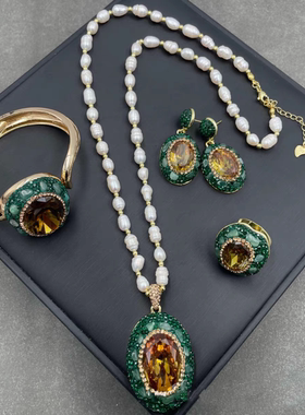 高档首饰三件套复古苏丹石项链戒指耳环女友老婆妈妈闺蜜生日礼物