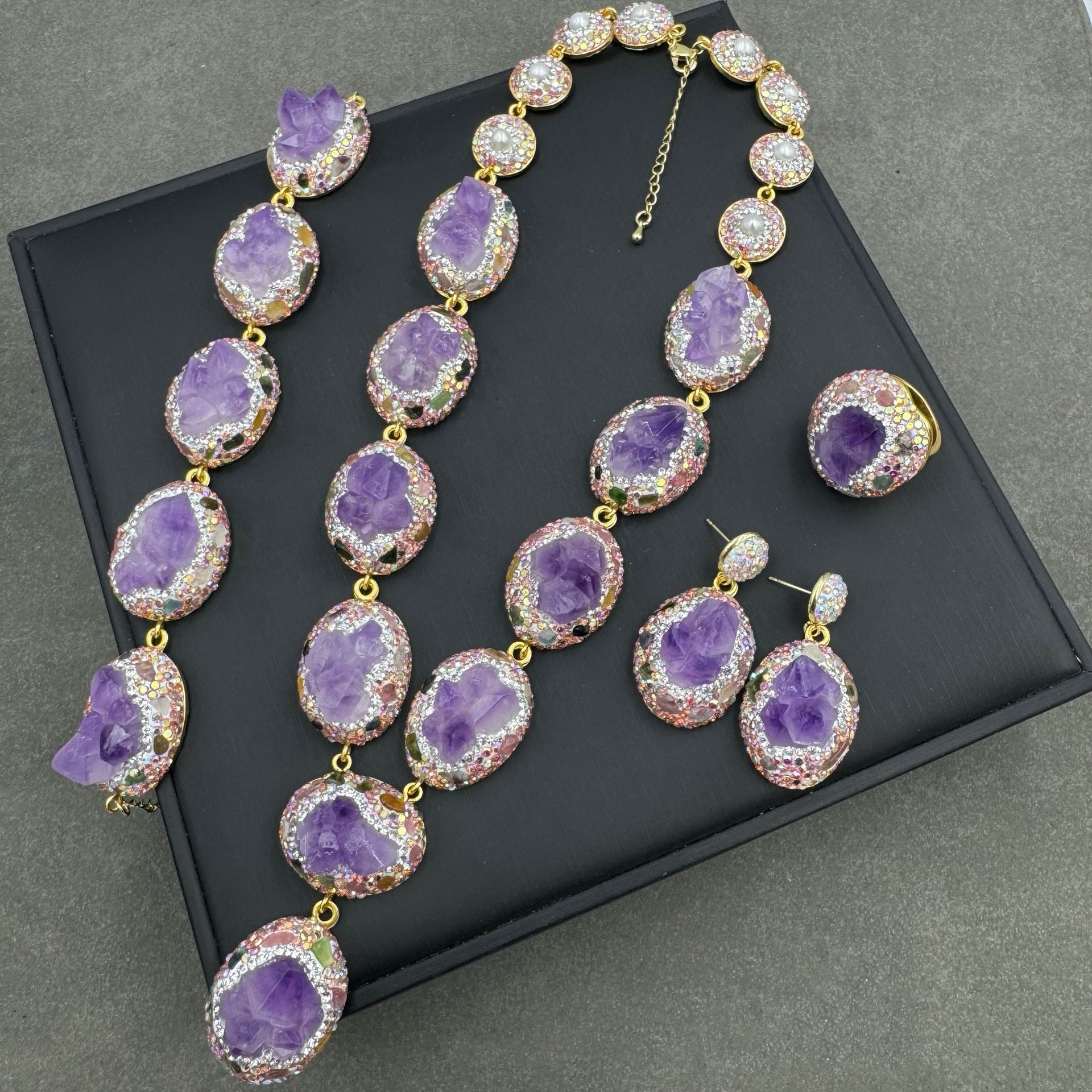 天然紫水晶项链时尚轻奢女款手工镶嵌紫色捷克钻耳饰戒指手链