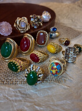 欧美复古做旧仿宝石戒指女小众设计感高级轻奢气质百搭食指戒