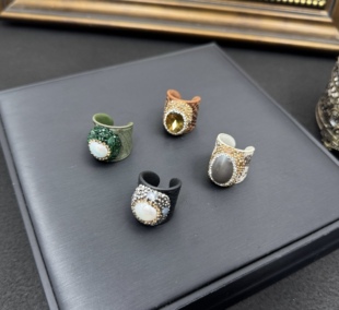 新款天然巴洛克珍珠贝壳真皮戒指个性轻奢小众手工镶嵌苏丹石指环