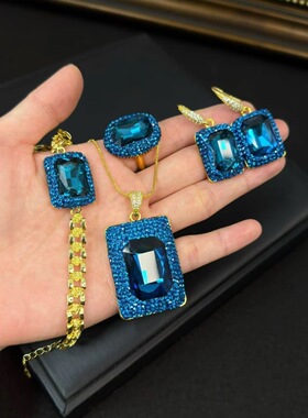 爆款蓝色水晶镶嵌捷克钻项链四件套装高级精致工艺原创货源直批发