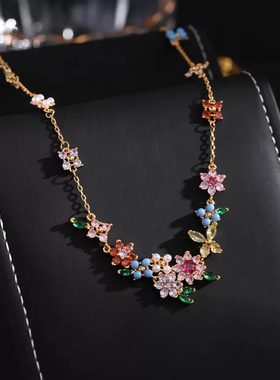 新款时尚轻奢甜美莫奈花园项链田园风镶嵌锆石 可爱蝴蝶 花朵项链
