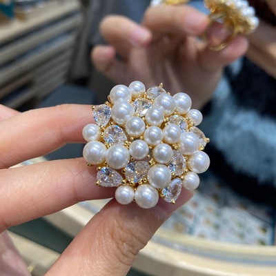 中古vintag铜24真金电镀镶嵌彩色锆石珍珠戒指新款时尚轻奢开口戒