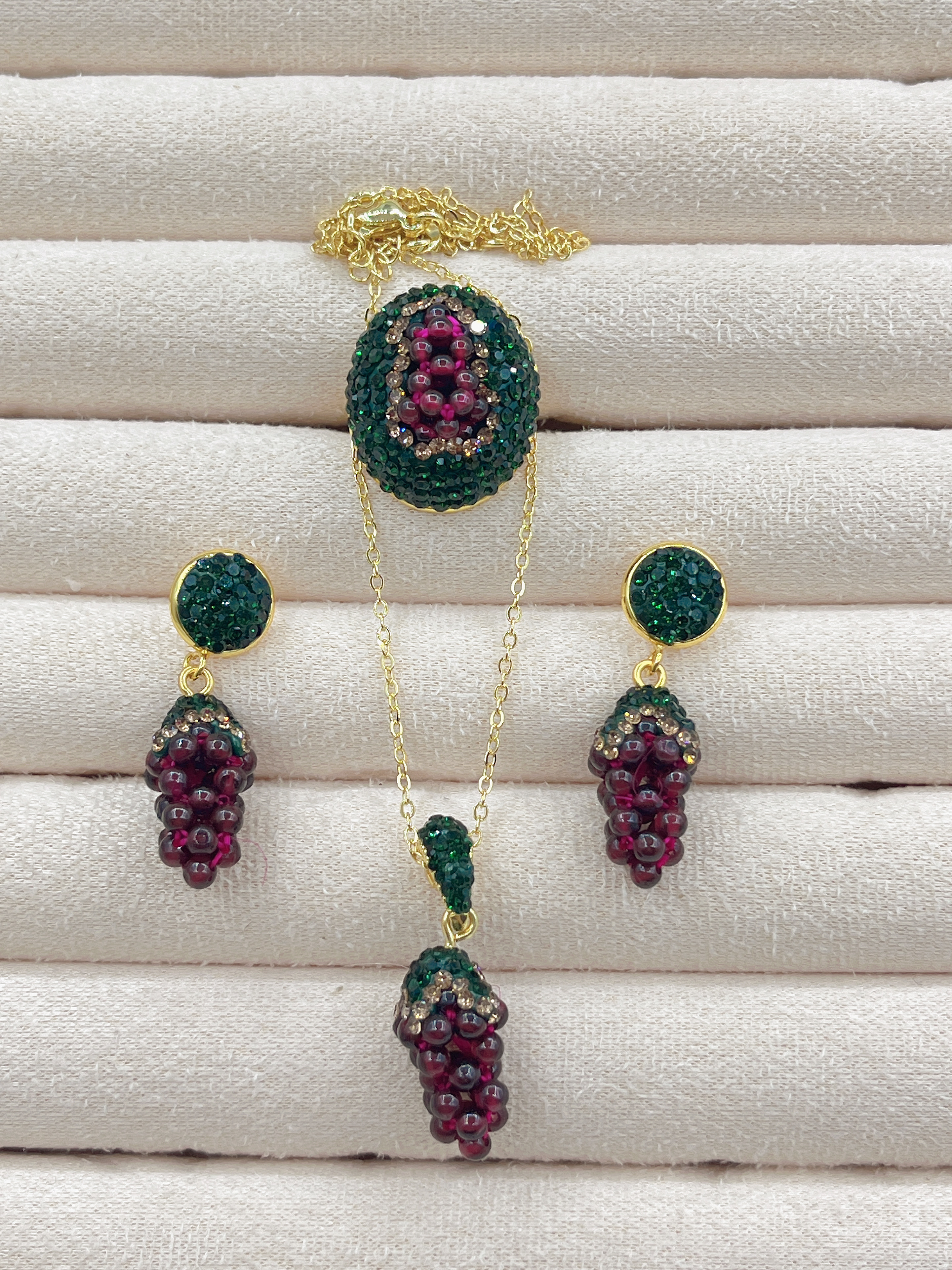 清新葡萄石榴石编织项链锁骨链S925银针耳环耳钩套装公主法式时尚