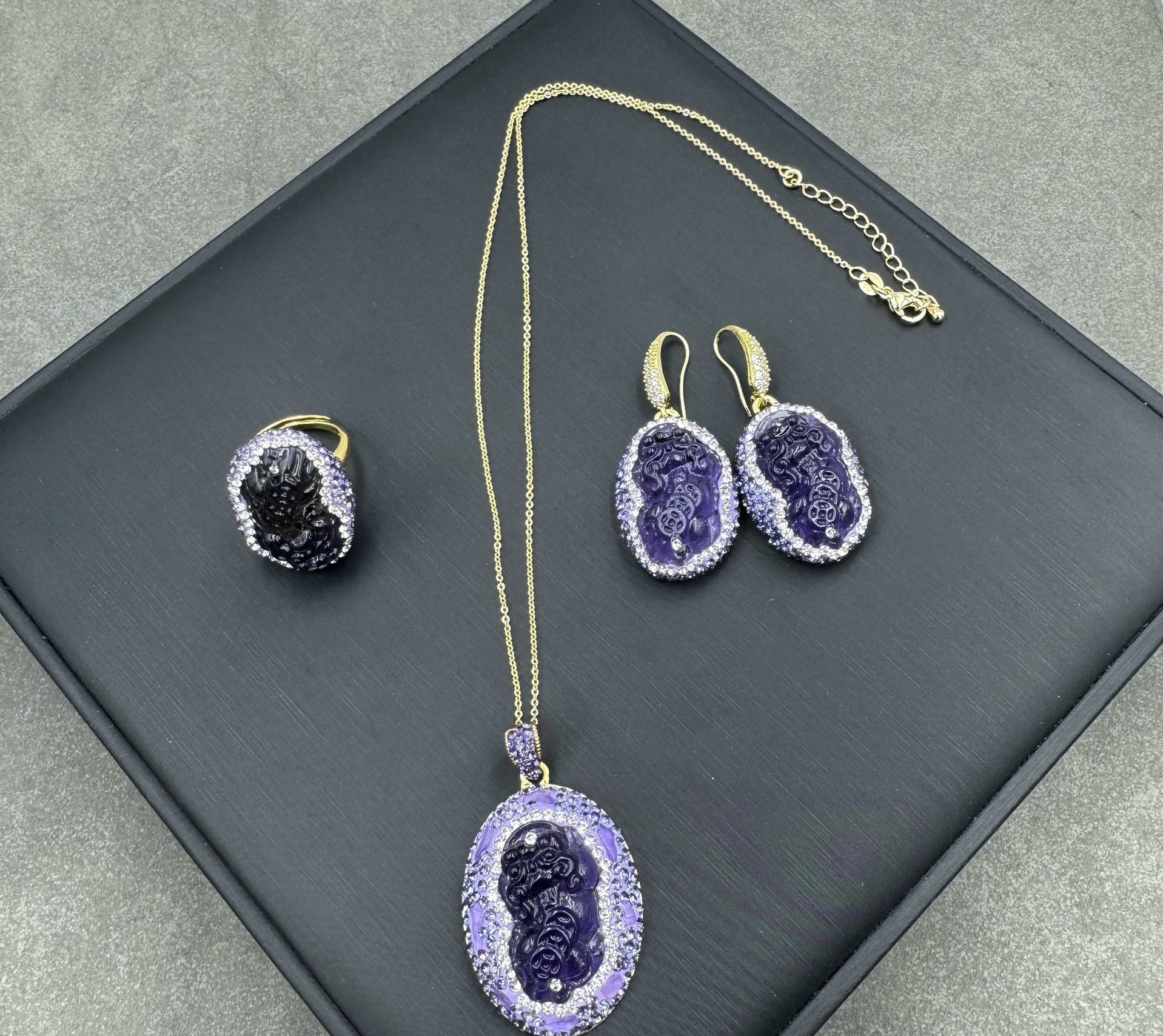 中古vintage复古紫水晶貔貅吊坠项链耳环戒指套装女款轻奢小众,饰品/流行首饰/时尚饰品新,组合套装,淘宝优惠券,粉丝福利购,淘宝优惠卷