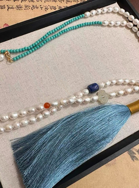 龙纹贝母青绿新中式原创斜挎项链多层多宝绿松石淡水珍珠一款多戴