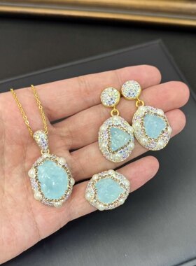 欧美个性不规则随行天然海蓝宝原石包边碧玺镶钻开口戒指项链耳饰