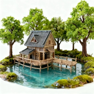 鱼缸雨林造景景观水陆缸新品古建筑3D打印配件微景观国风树脂仿真