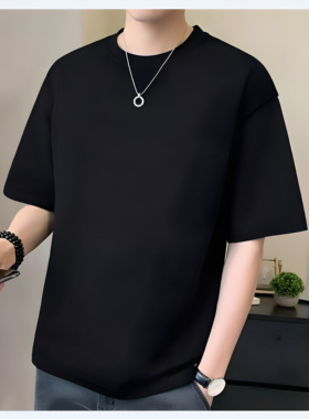 夏季男士黑色圆领宽松T恤落肩袖纯棉休闲风短袖T恤青少年免烫处理