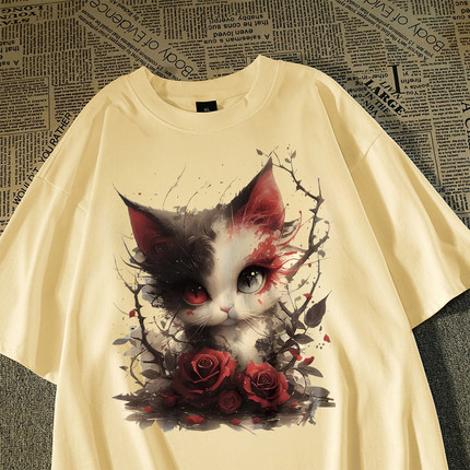 美式潮牌猫咪玫瑰花短袖t恤女男2026夏vintage甜酷风纯棉印花上衣