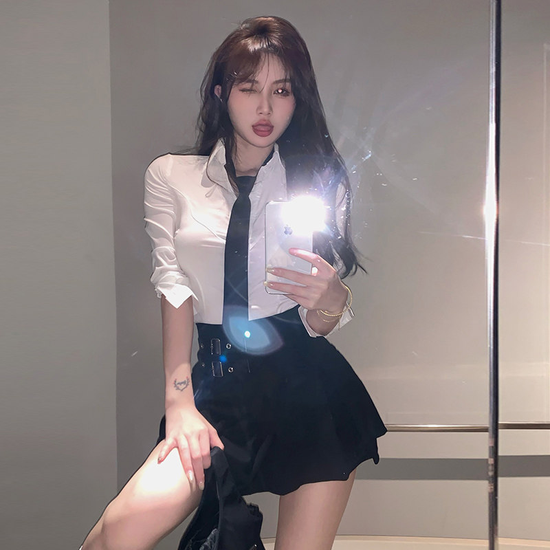 V领性感修身白色衬衫女长袖百褶裙职业套装OL制服足浴KTV工作服夏