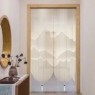 新中式山水复古禅意门帘隔断帘家用半透明帘子卧室免打孔布透景帘