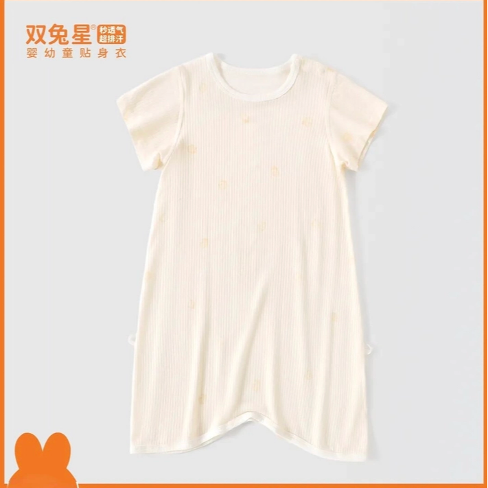 双兔星夏婴儿莫代尔空调服男女宝宝超薄家居服短袖睡袍后背透气网