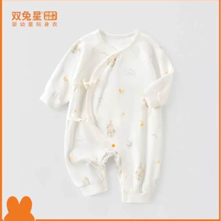 断码处理双兔星秋婴儿宝宝双层布蝴蝶衣新生儿纯棉连体衣偏襟哈衣