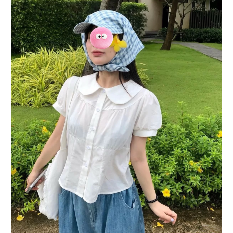 女生娃娃领可爱减龄衬衫绑带韩系学院风短袖衬衫甜美上衣