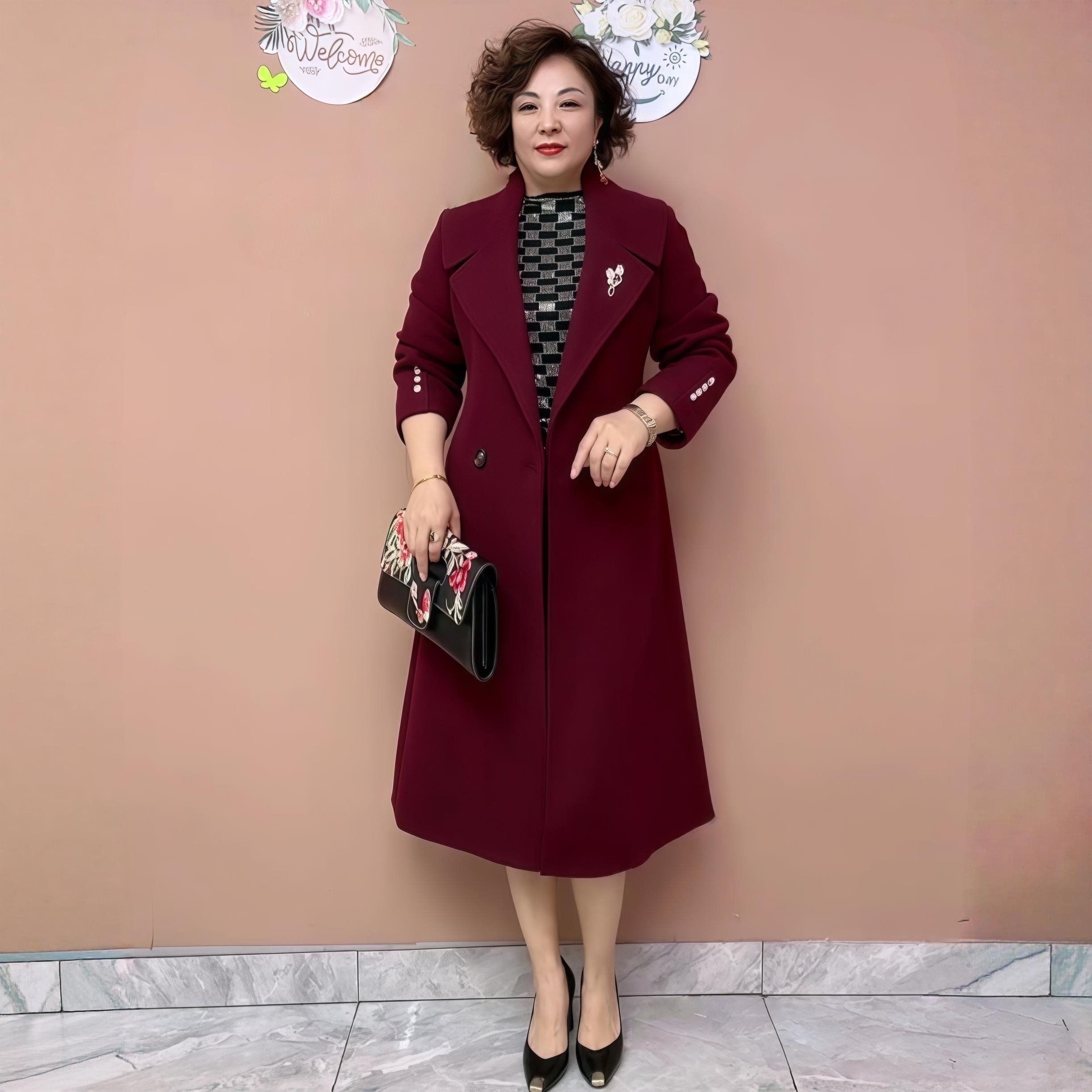 秋冬中老年妈妈呢子外套长款大衣腰带双排扣纯色修身女士西装领