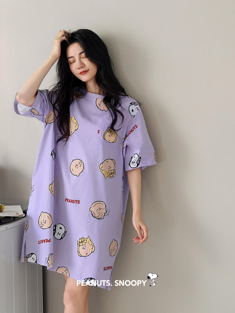 贝妍史努比睡衣女款夏季纯棉短袖睡裙可爱卡通学生大码凉感连衣裙