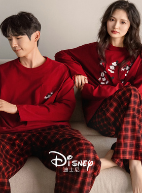 迪士尼新婚情侣睡衣女款春秋季可爱米奇长袖套装男红色结婚家居服
