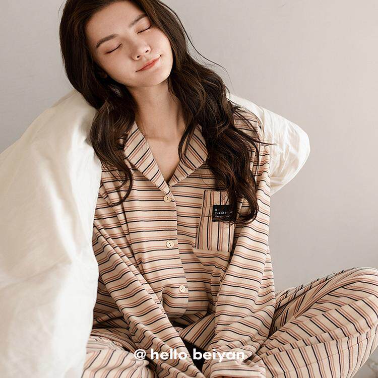 贝妍珊瑚绒睡衣女款秋冬季保暖海岛绒家居服时尚开衫条纹长袖套装