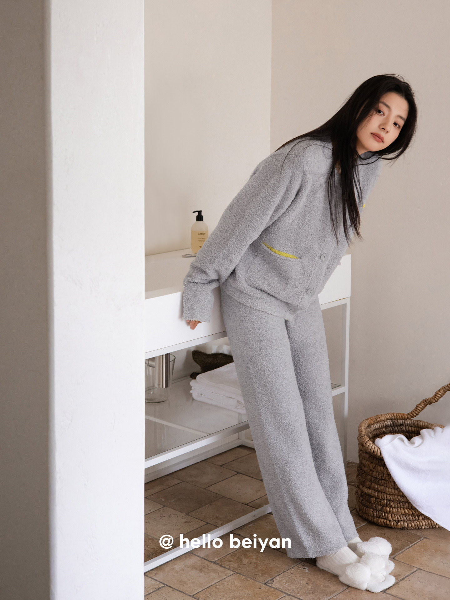 贝妍半边绒睡衣女款秋冬季时尚撞色开衫家居服保暖珊瑚绒宽松套装