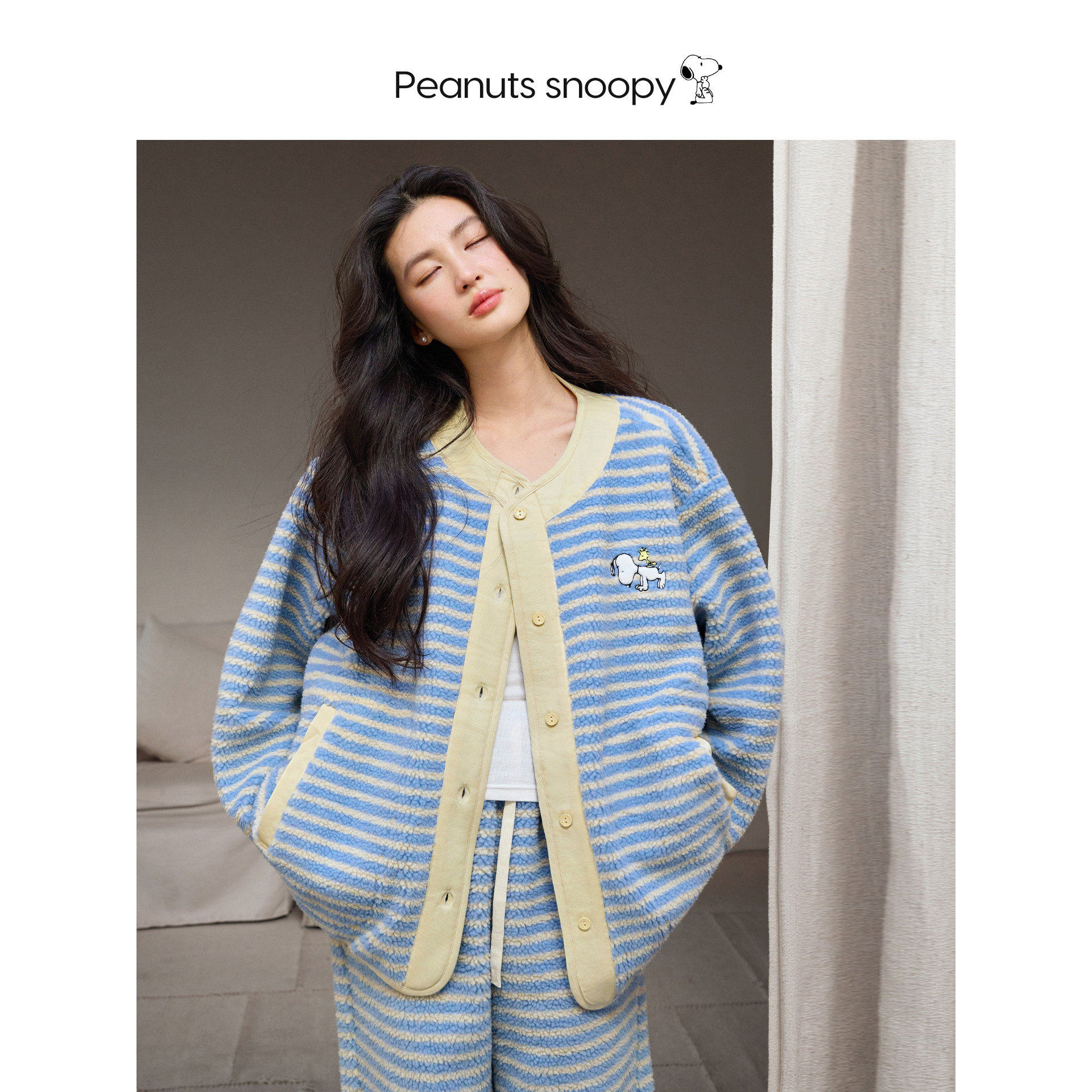 贝妍史努比睡衣女冬加厚珊瑚绒宽松家居服保暖羊羔绒慵懒条纹套装