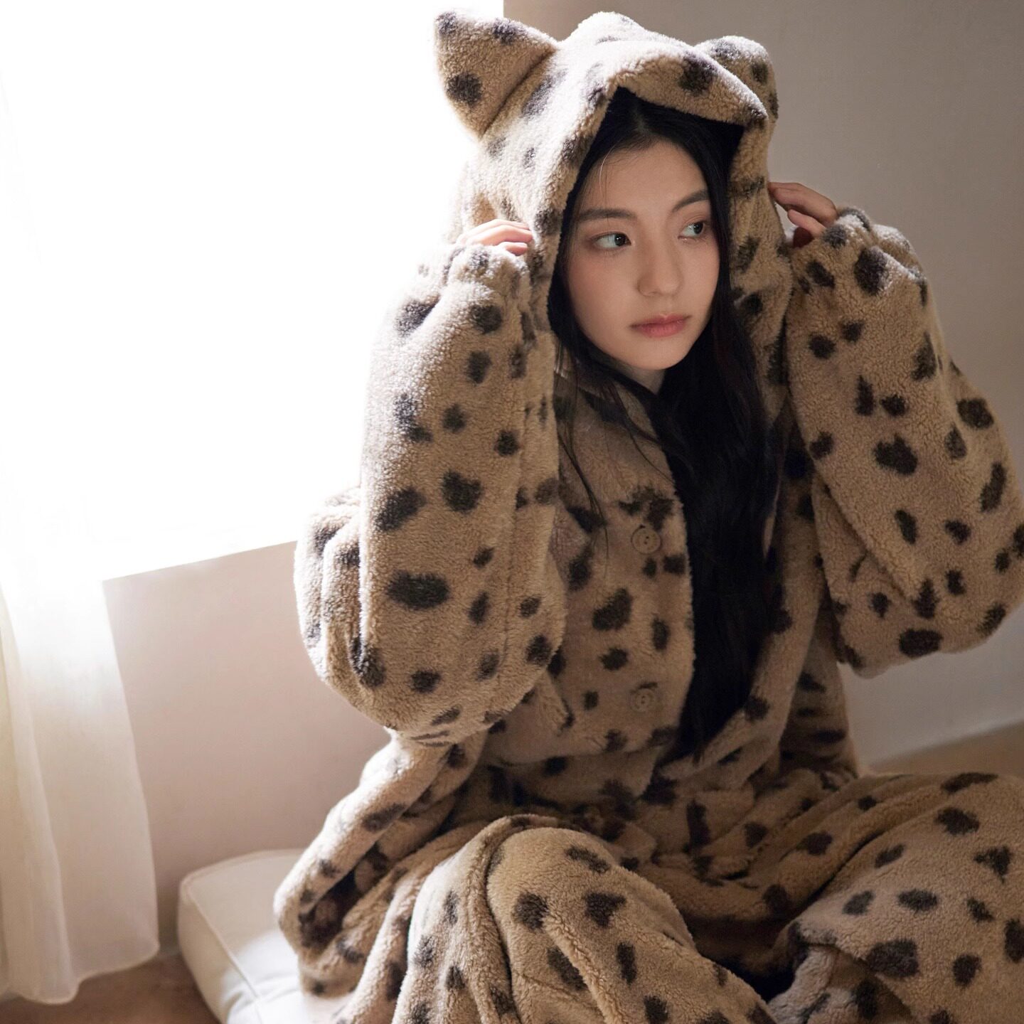 贝妍珊瑚绒睡衣女冬季新款连帽开衫加厚睡袍套装保暖法兰绒家居服