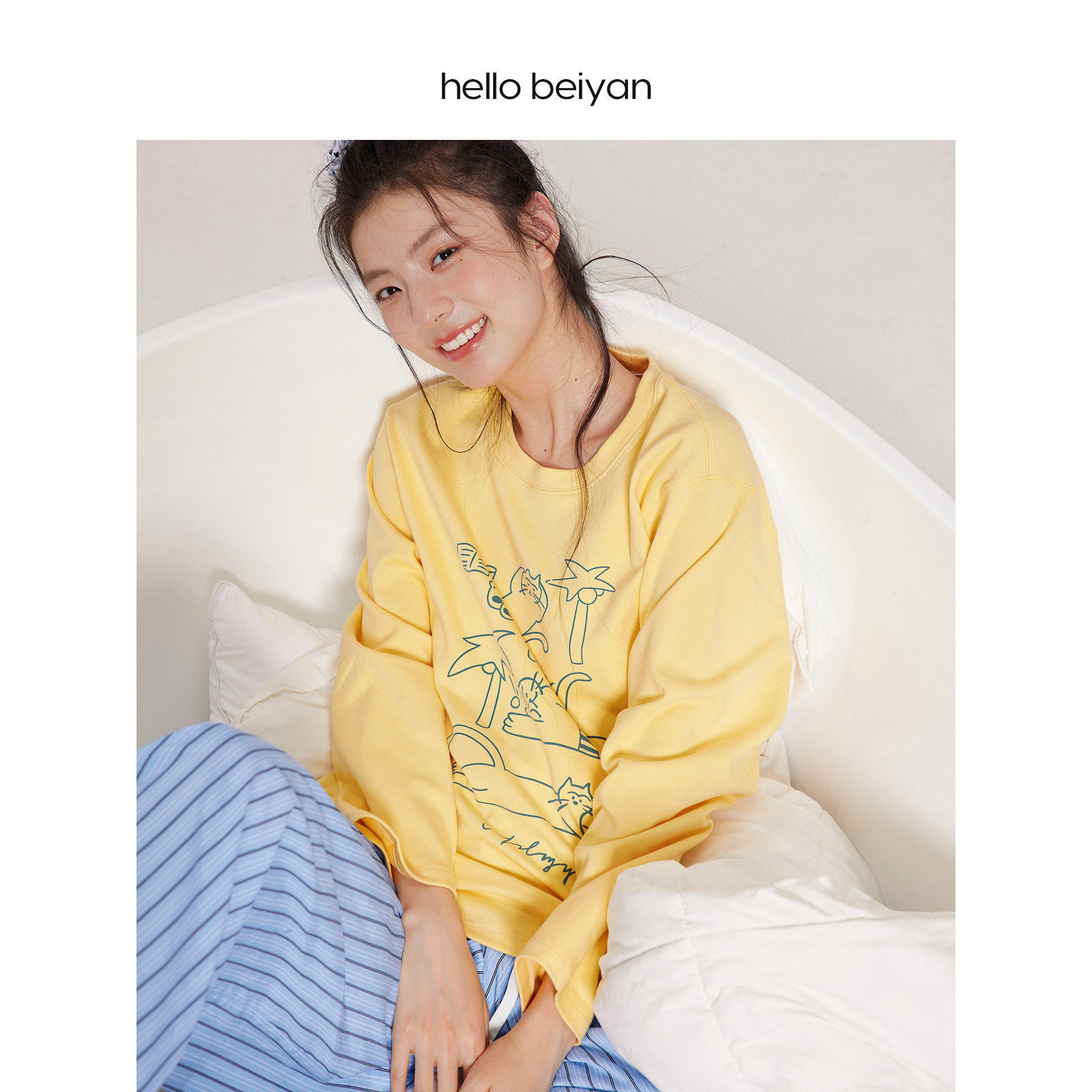 贝妍柔软棉睡衣女春秋季卡通猫咪阔腿长裤家居服清新减龄少女套装