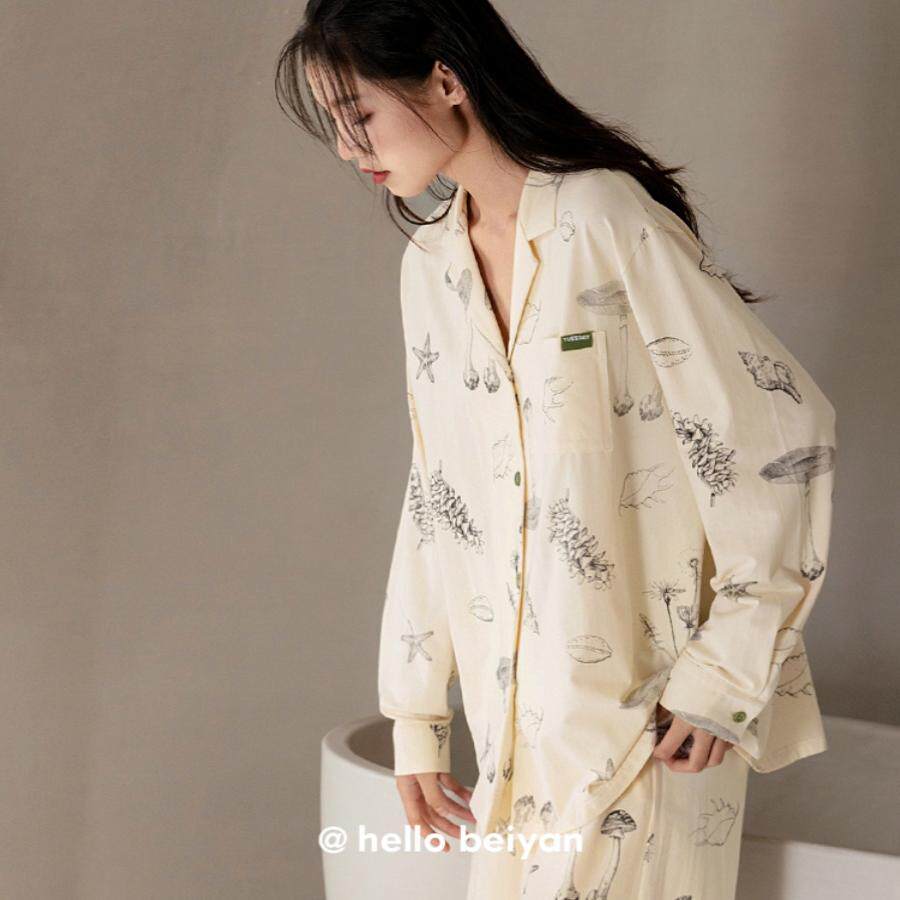 贝妍睡衣女春秋新款柔软莫代尔棉长袖套装甜美少女性感开衫家居服