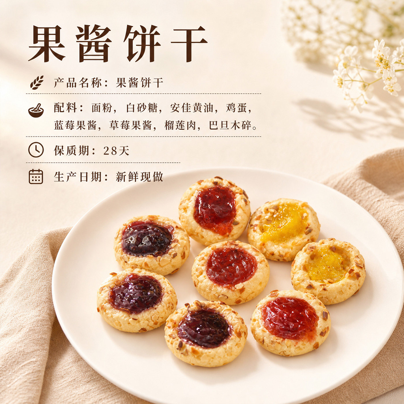 现烤手工果酱夹心曲奇饼干 草莓蓝莓巧克力酱多口味组合装零食