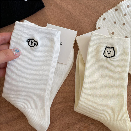 纯色ab袜可爱黑白卡通刺绣小狗袜子女春夏韩版ins潮中筒袜棉运动