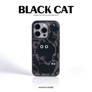 原创设计 磨砂质感 iosco max 透黑保护壳 pro 黑色猫咪 手机壳 双层印花 适用于苹果