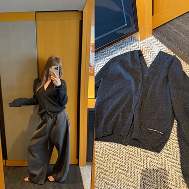 11/11 wann 羊毛兔绒混纺纽扣V领软糯针织简约穿搭深色针织开衫