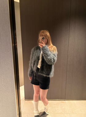 wann现货 随性又高级!毛绒蓬松羊毛长毛深灰开衫立领毛毛外套