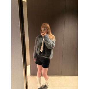 wann现货 随性又高级!毛绒蓬松羊毛长毛深灰开衫立领毛毛外套