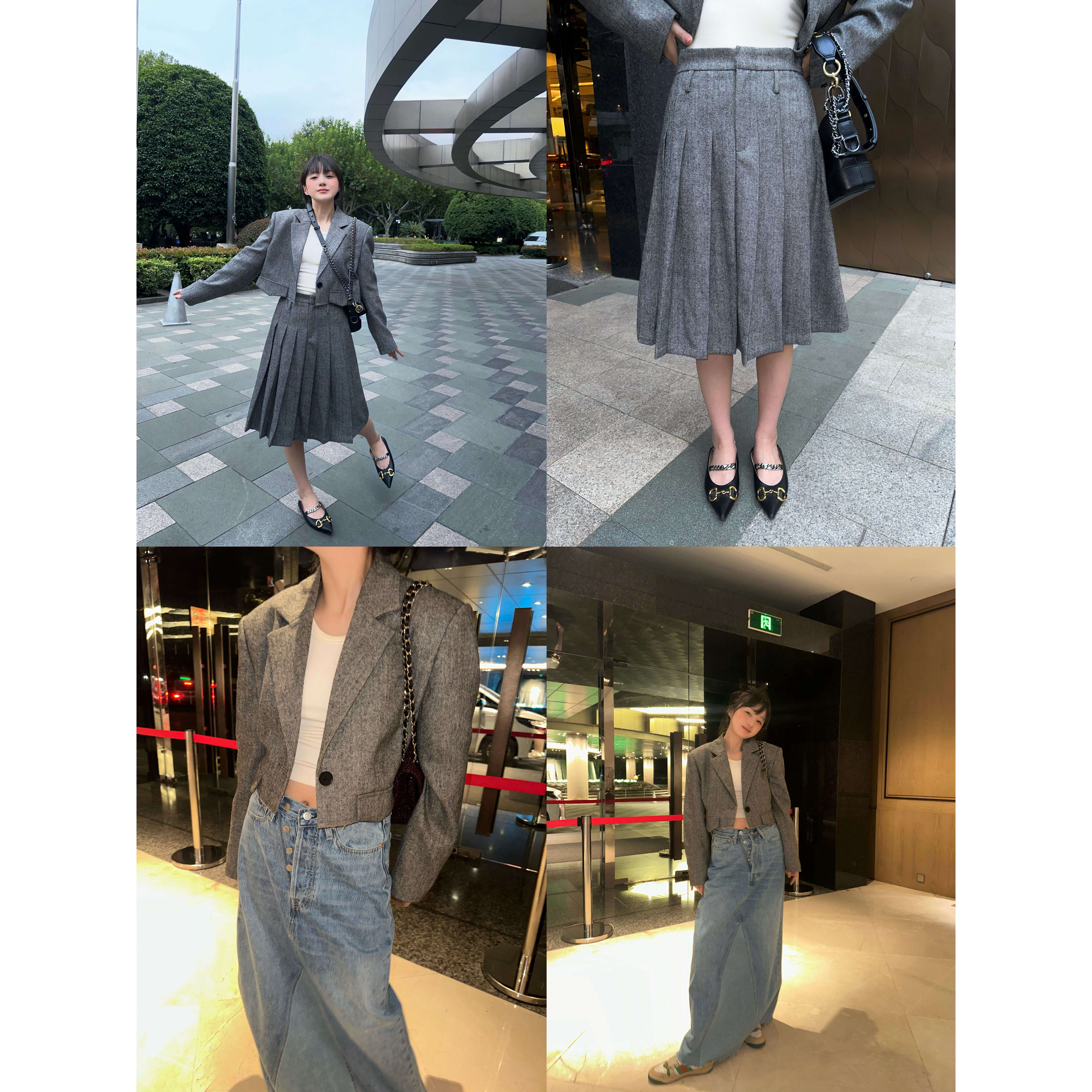 wann【特价秒杀】人字纹羊毛英式学院短款外套/百褶裙