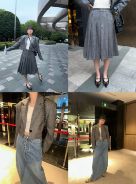 wann【特价秒杀】人字纹羊毛英式学院短款外套/百褶裙