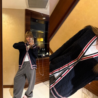 wann现货 定制款tb风全棉藏青黑色V领撞色条纹针织开衫外套