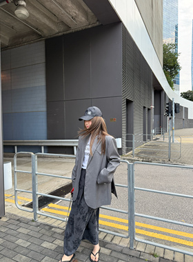 wann现货 随性松弛灰色简约三角口袋宽松休闲西装外套